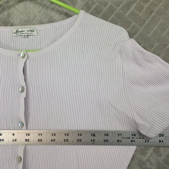 Jessica Ash Womens L Top White Cardigan Mother of Pearl Buttons Rib Knit Fitted - Picture 8 of 16